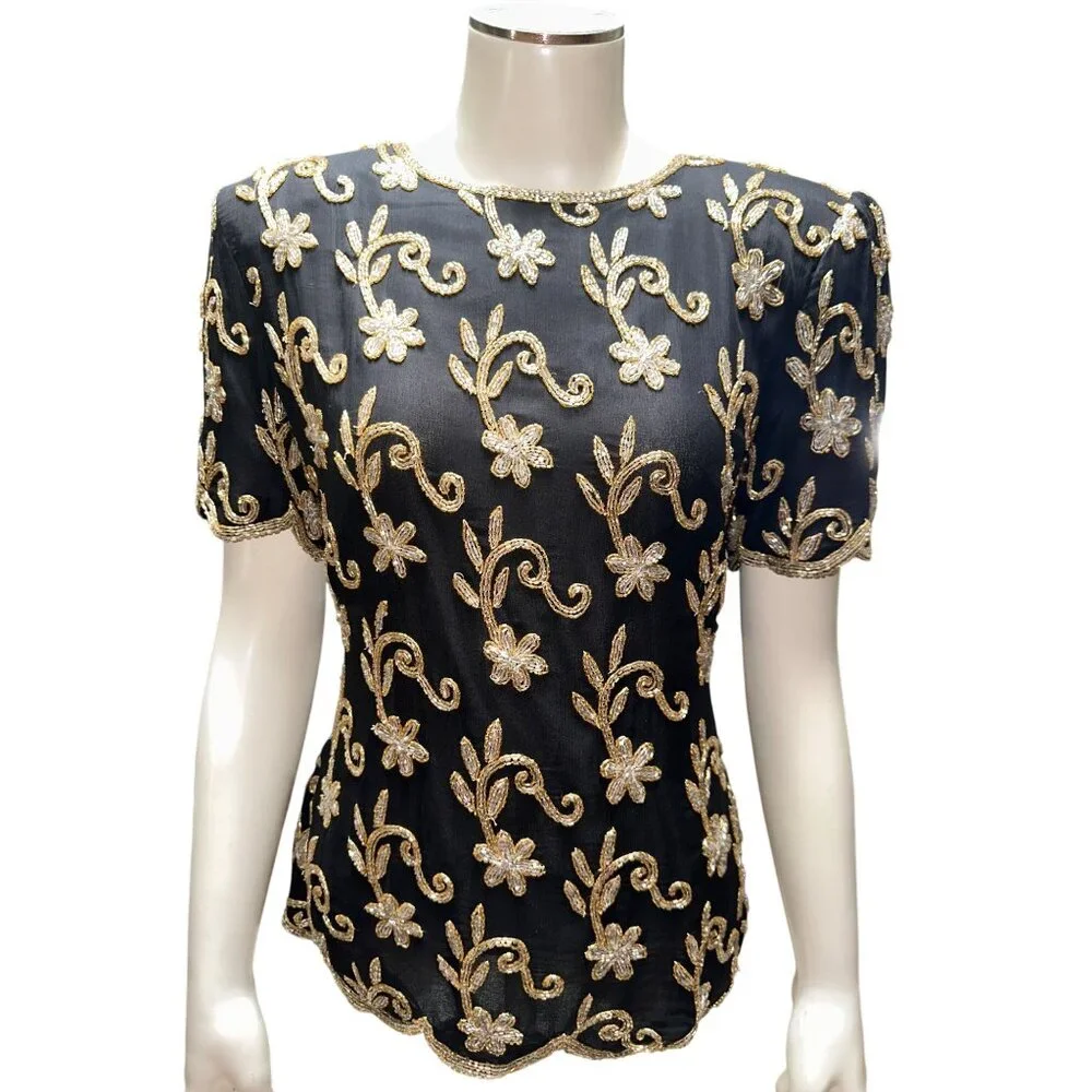 Stenay Small Black Gold All Silk Beaded Sequin Floral Blouse Vintage Evening Top - Picture 2 of 13